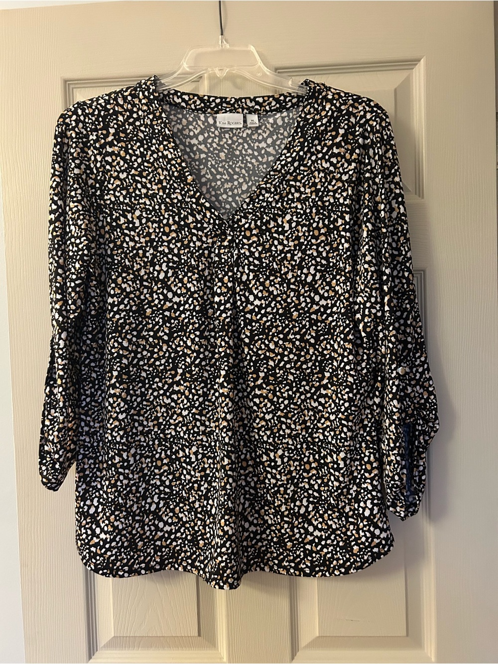 Kim Rogers Black V-Neck Blouse with White and Tan Spot Print